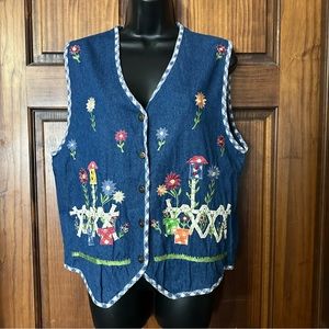 New Direction Vintage Farmhouse Embroidered Jean Button Up Vest Large